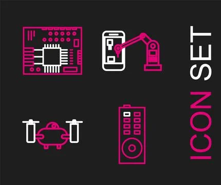 Set line Remote control, Drone flying with action camera, Industrial machin.. Stock Illustration
