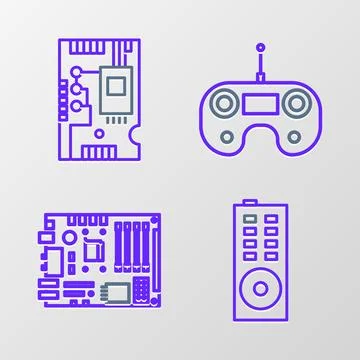 Set line Remote control, Electronic computer components motherboard digital.. Illustrazione stock