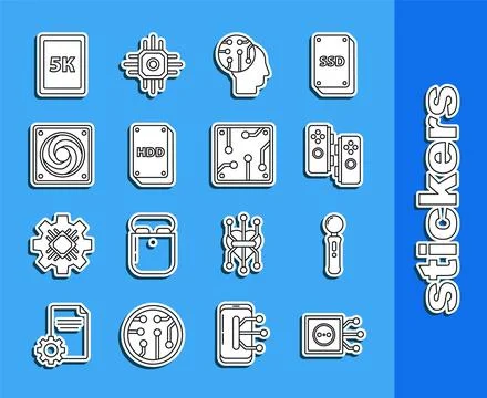 Set line Remote control, Gamepad, Human brain as digital circuit board, Hard Stock Illustration