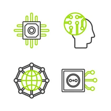Set line Remote control, Global technology or social network, Human brain as Stock Illustration