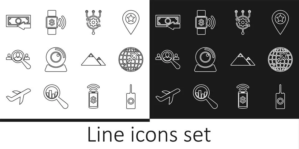 Set line Remote control, Globe with flying plane, Algorithm, Web camera Stock Illustration