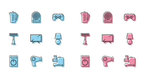 Set line Remote control, Hair dryer, Measuring cup, Kitchen meat grinder, Smart Stock Illustration
