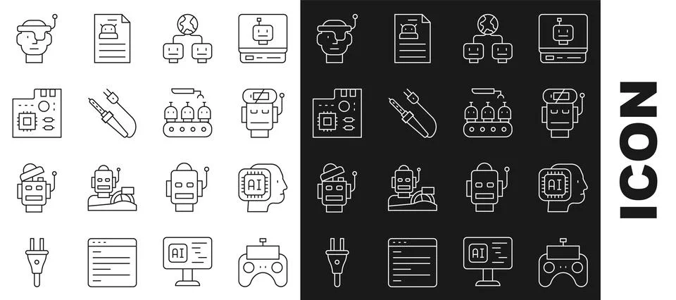 Set line Remote control, Humanoid robot, Robot low battery charge, Artificial Ilustración de archivo