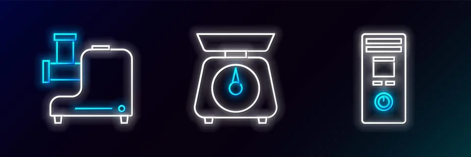 Set line Remote control, Kitchen meat grinder and Scales icon. Glowing neon.. Stock Illustration