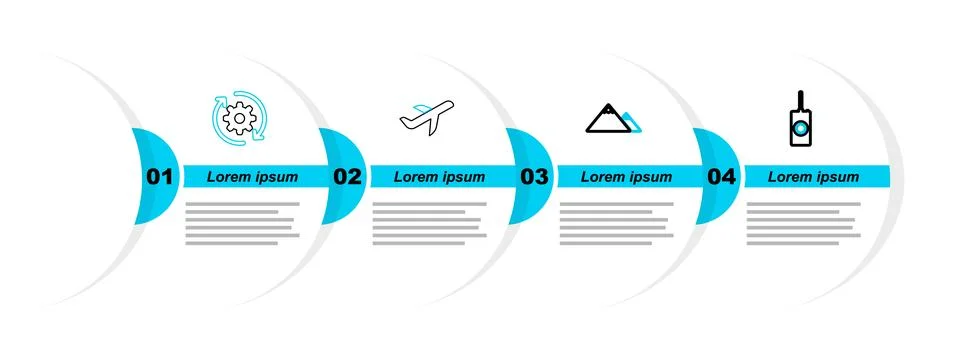 Set line Remote control, Mountains, Plane and Gear and arrows as workflow icon Stock Illustration