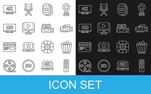 Set line Remote control, Popcorn in box, Cinema camera, ticket, Online play Stock Illustration