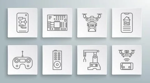 Set line Remote control, Printed circuit board PCB, Assembly line, aerial drone Stock Illustration