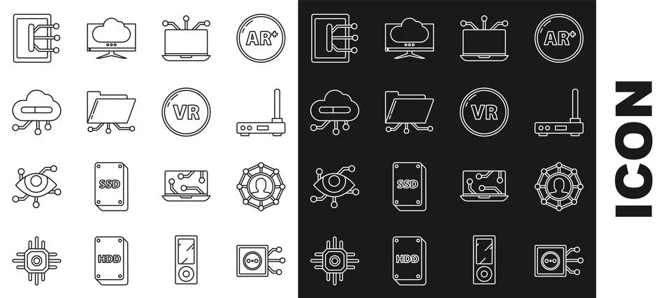 Set line Remote control, Project team base, Router and wi-fi signal, Laptop Stock Illustration