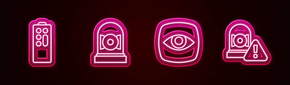 Set line Remote control, Ringing alarm bell, Security camera and . Glowing ne Stock Illustration
