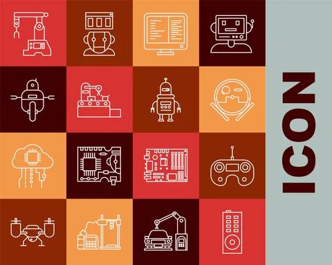 Set line Remote control, Robot vacuum cleaner, Computer monitor screen, Factory Illustrazione stock