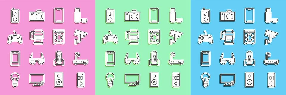 Set line Remote control, Router and wi-fi signal, Security camera, Smartphone Stock Illustration