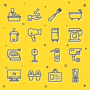 Set line Remote control, Security camera, Telephone handset, Fork, Hair dryer Stock Illustration