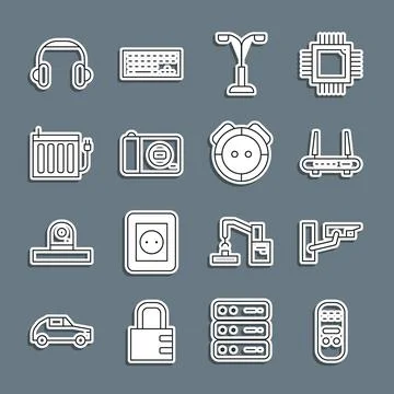 Set line Remote control, Security camera, Router and wi-fi signal, Street light Stock Illustration