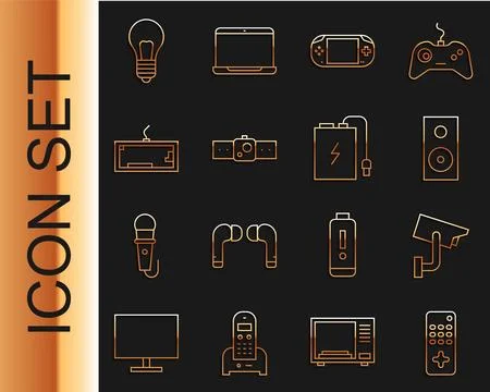 Set line Remote control, Security camera, Stereo speaker, Portable video game Stock Illustration