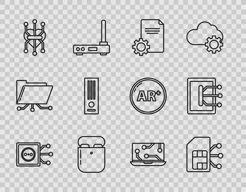 Set line Remote control, Sim card, File document, Air headphones in box Stock Illustration