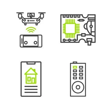 Set line Remote control Smart home Printed circuit board PCB and aerial drone Stock Illustration