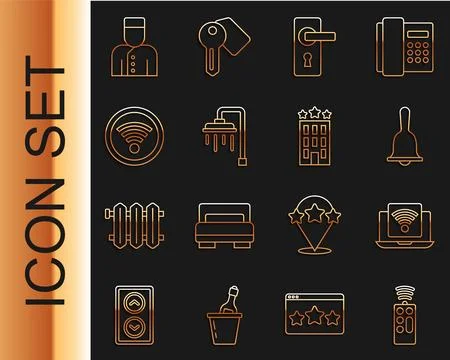 Set line Remote control, Wireless laptop, Hotel service bell, Door handle, .. Illustration