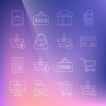 Set line Remove shopping basket, Shopping cart, Credit card, building or market Ilustración de archivo