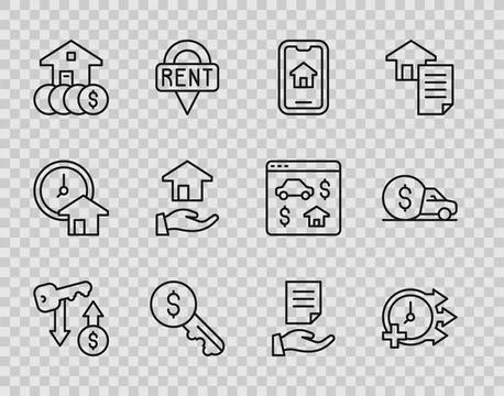 Set line Rent key, Clock, Online real estate, House with dollar, Realtor Stock Illustration