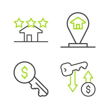 Set line Rent key, Location house and Real estate icon. Vector Stock Illustration