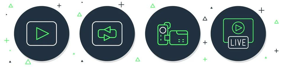 Set line Repeat button, Cinema camera, Play and Live stream icon. Vector Stock Illustration