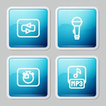 Set line Repeat button, Microphone, Stopwatch and MP3 file icon. Vector Illustrazione stock