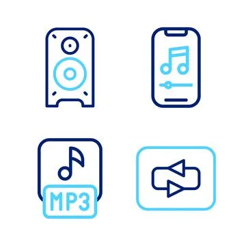 Set line Repeat button, MP3 file, Music player and Stereo speaker icon. Vector Illustrazione stock