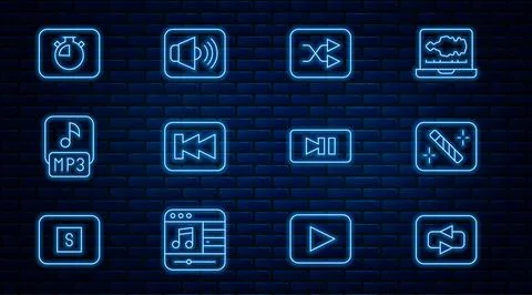 Set line Repeat button, Photo retouching, Arrow shuffle, Rewind, MP3 file Stock Illustration