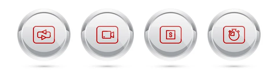 Set line Repeat button, Play video, Stop media and Stopwatch. Silver circle Stock Illustration
