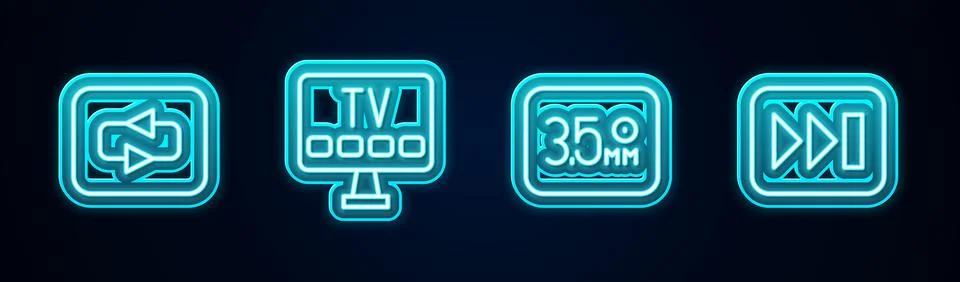 Set line Repeat button, Smart Tv, Audio jack and Fast forward. Glowing neon icon Stock Illustration