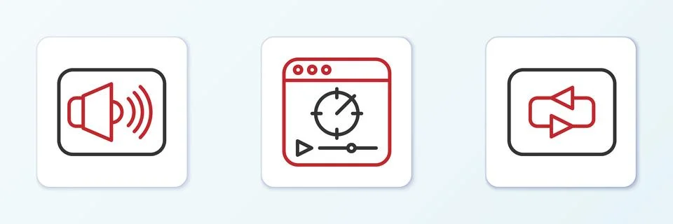Set line Repeat button, Speaker volume and Online play video icon. Vector Stock Illustration