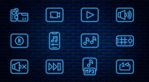 Set line Repeat track music player, Selfie on mobile, Play button, Music, Rec Stock Illustration