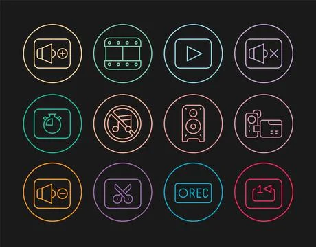 Set line Repeat track music player, Cinema camera, Play button, Speaker mute Stock Illustration