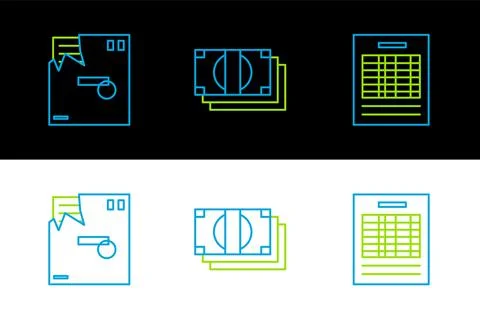 Set line Report file document, Ordered envelope and Stacks paper money cash icon 스톡 일러스트