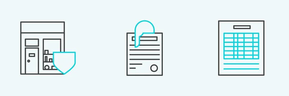 Set line Report file document, Shopping building with shield and File and paper Illustrazione stock