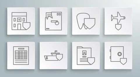 Set line Report file document, Ordered envelope, Ship with shield, Document.. Stock Illustration