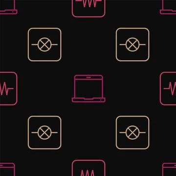 Set line Resistor in electronic circuit, Lamp and Laptop on seamless pattern Illustrazione stock