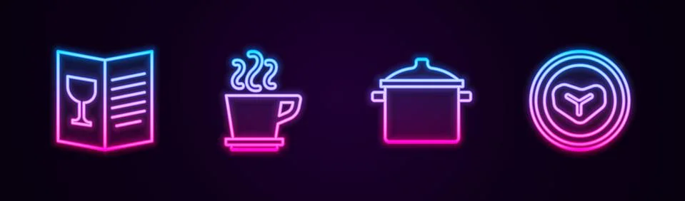 Set line Restaurant cafe menu, Coffee cup, Cooking pot and Steak meat on plate Illustration