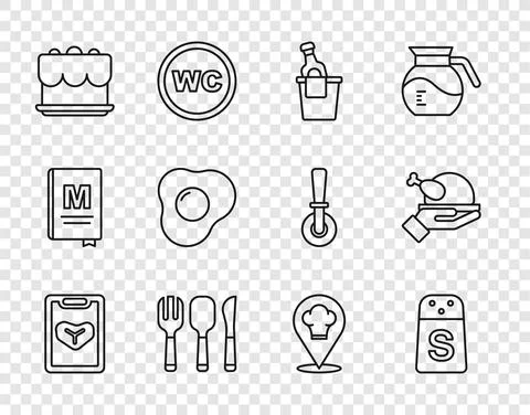 Set line Restaurant cafe menu, Salt, Champagne in ice bucket, Fork, spoon and Illustrazione stock