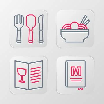 Set line Restaurant cafe menu, Asian noodles in bowl and Fork, spoon and kn.. Stock Illustration