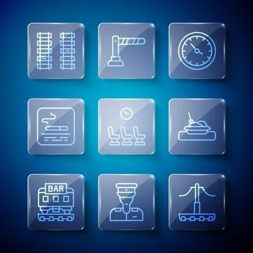 Set line Restaurant train, Train conductor, Railway, station clock, Waiting room Stock Illustration