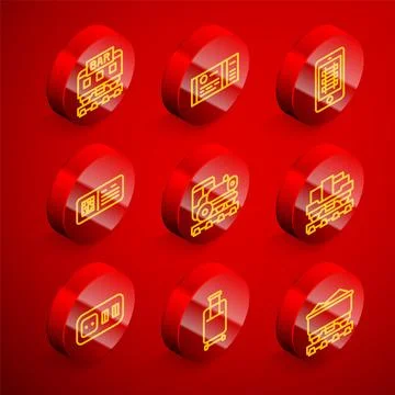 Set line Restaurant train, Train ticket, Buy online, QR code, Vintage locomotive Illustrazione stock