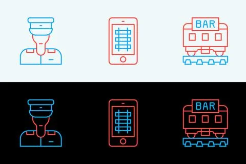 Set line Restaurant train, Train conductor and Buy ticket online icon. Vector Ilustración de archivo