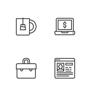 Set line Resume, Briefcase, Cup of tea and Laptop with dollar icon. Vector Stock Illustration