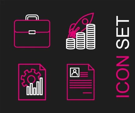 Set line Resume, Document with graph chart, Rocket flying up on coins growth and Stock Illustration