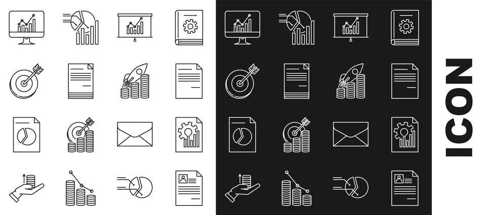Set line Resume, Document with graph chart, Board, Target, Computer monitor.. Stock Illustration
