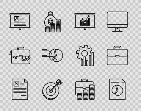 Set line Resume, Document with graph chart, Board, Target, resume, Pie info.. Stock Illustration