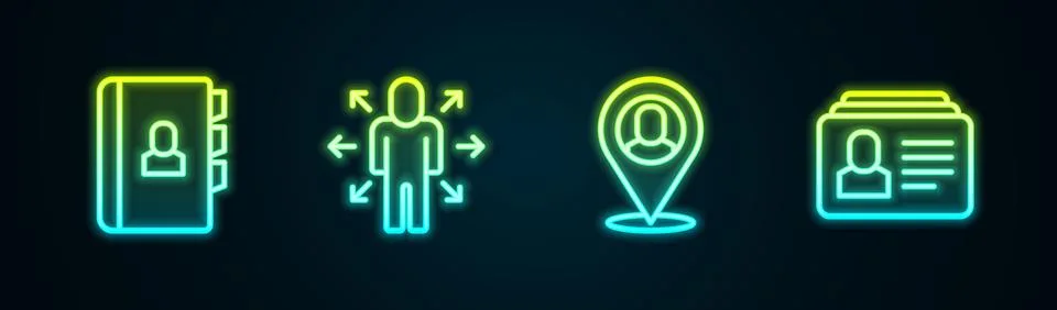 Set line Resume Multitasking manager working Worker location and . Glowing ne イラスト素材