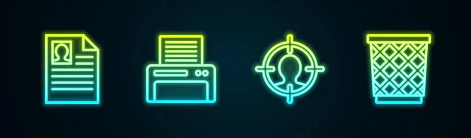 Set line Resume, Printer, Head hunting concept and Trash can. Glowing neon .. Stock Illustration