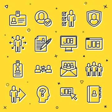Set line Resume, Project team base, Search job, Multitasking manager working, Stock Illustration